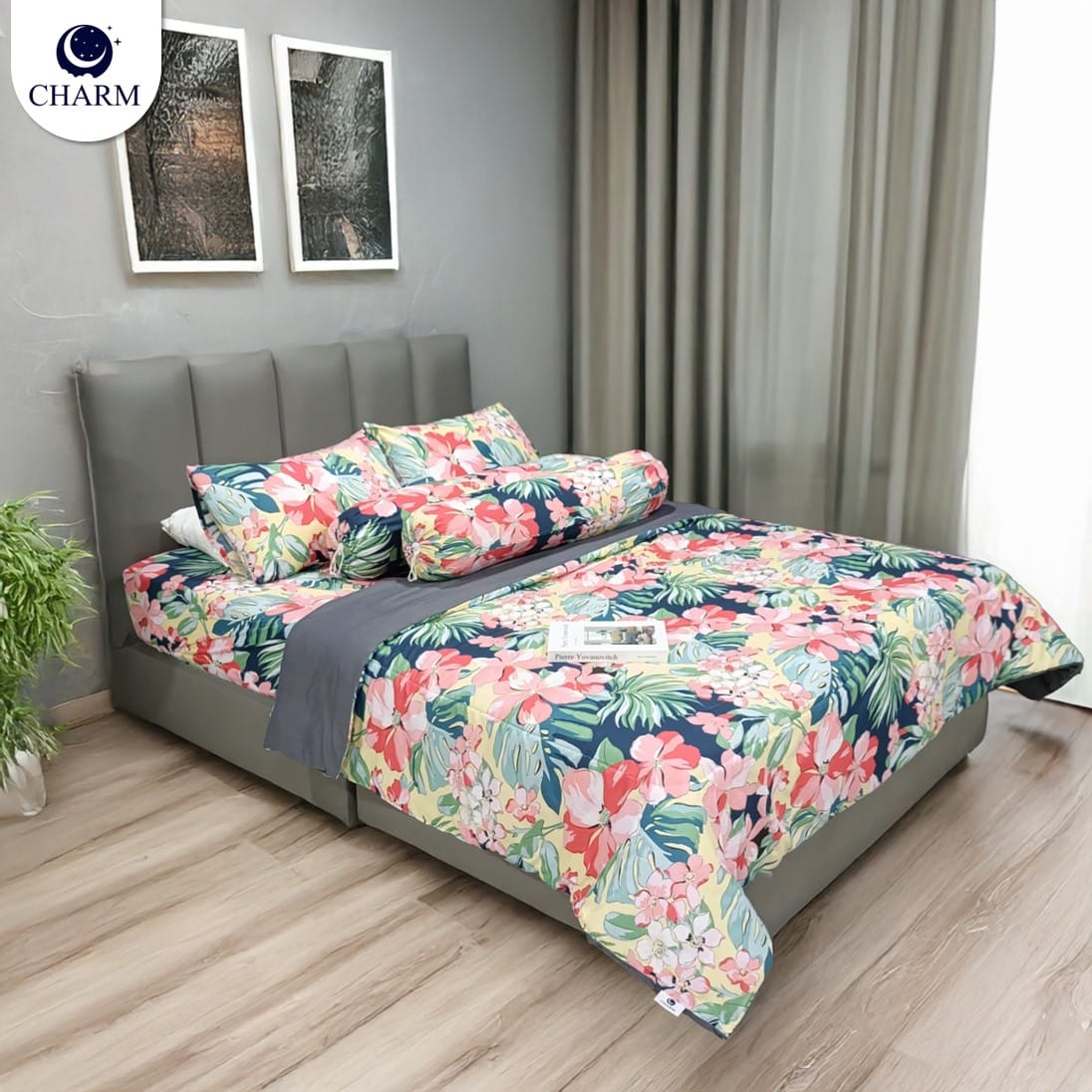 ชุดผ้าปูที่นอน 6 ฟุต 11 ชิ้น CHARM TWO-TONE สีเทา + ชุดผ้าปูที่นอนลายดอกไม้ FLORAL (2 ชุด)_4